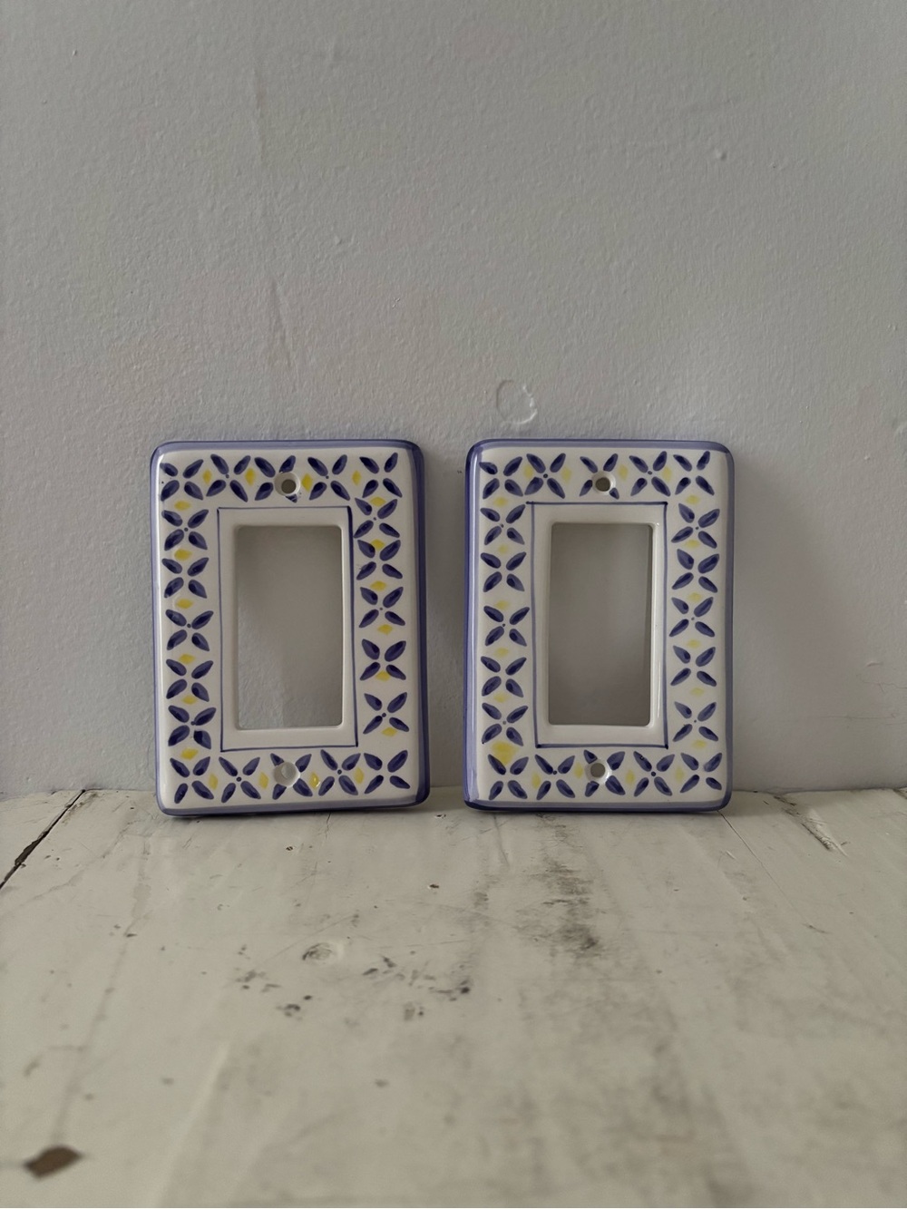 Decorative Ceramic Double Rocker Switch Plate Covers in White and Blue
